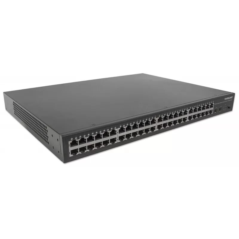 Intellinet 48 prievadų Gigabit Ethernet jungiklis su 10 GbE magistrale, 48 x 10/100/1000 Mbps RJ45 prievadai ir 2 x 10 GbE SFP+ lizdai, IEEE 802.3az (energiją taupantis Ethernet), 19 colių stovo montavimui, metalinis (Euro 2 kontaktų kištukas)