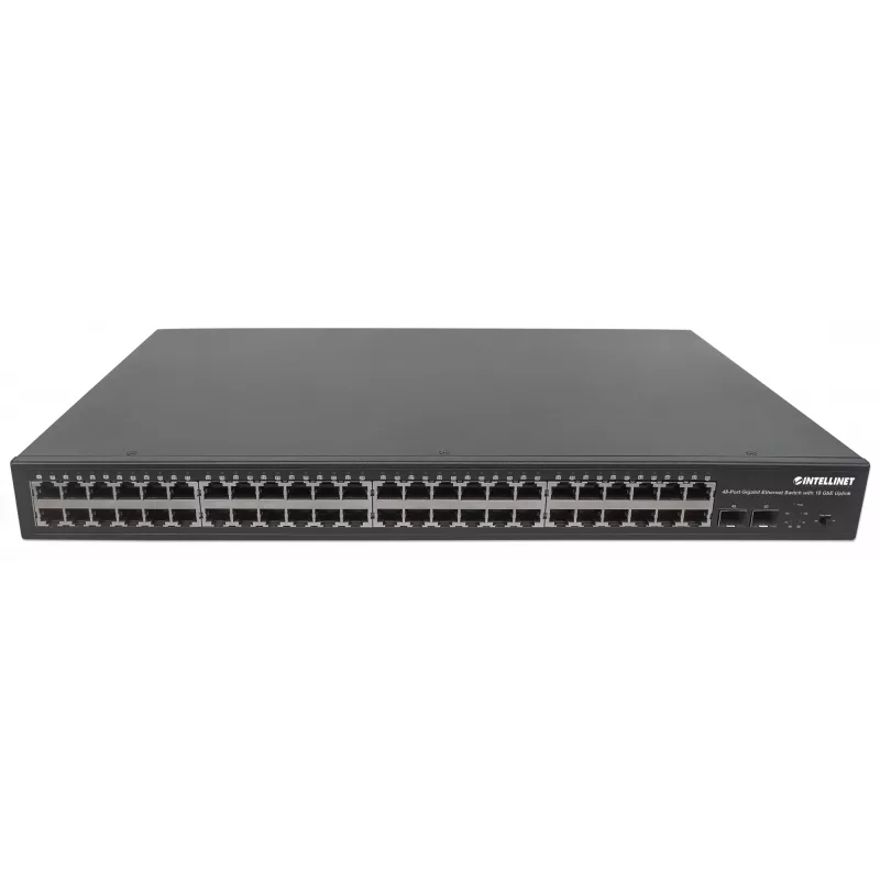Intellinet 48 prievadų Gigabit Ethernet jungiklis su 10 GbE magistrale, 48 x 10/100/1000 Mbps RJ45 prievadai ir 2 x 10 GbE SFP+ lizdai, IEEE 802.3az (energiją taupantis Ethernet), 19 colių stovo montavimui, metalinis (Euro 2 kontaktų kištukas)