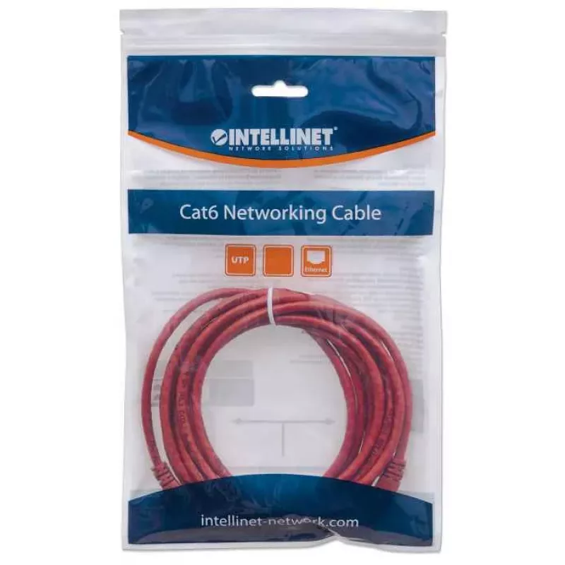 Intellinet tinklo jungiamasis kabelis, Cat6, 0,5 m, raudonas, CCA, U/UTP, PVC, RJ45, paauksuoti kontaktai, be užkabinimo, su apsauginiu gaubteliu, viso gyvenimo garantija