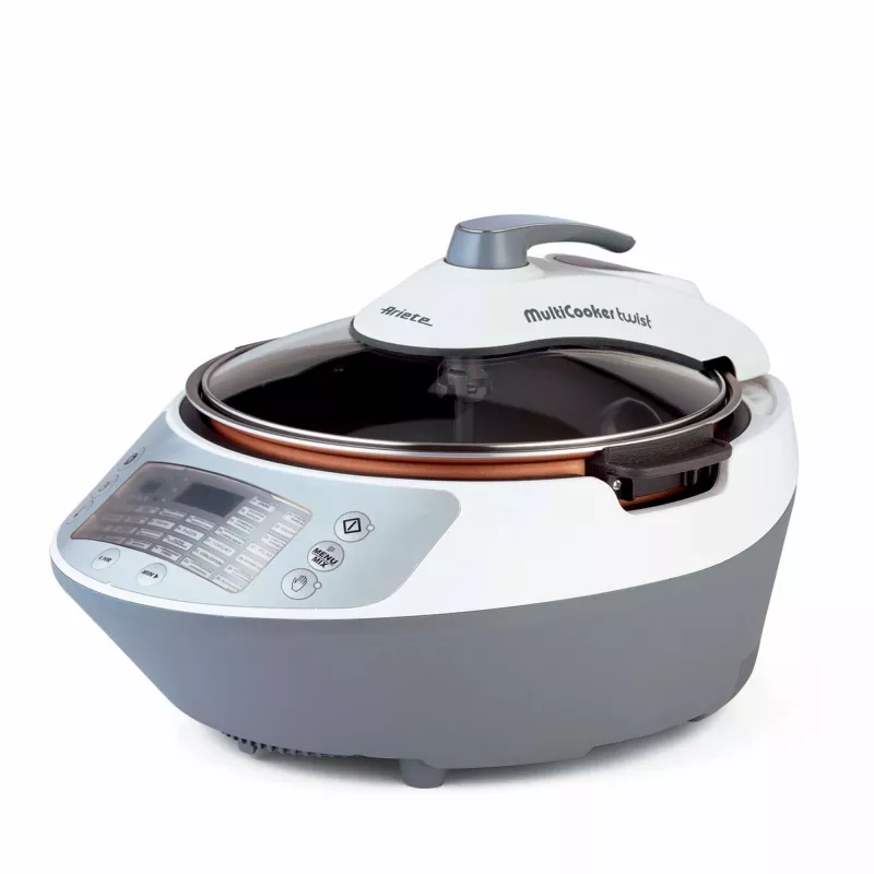 Ariete 2945 Multicooker Twist daugiafunkcis virtuvinis robotas, maisto gaminimo prietaisas su maišymo peiliuku, LCD ekranu, 30 išankstinių programų, 5 L krepšiu, receptų rinkiniu, baltas/pilkas