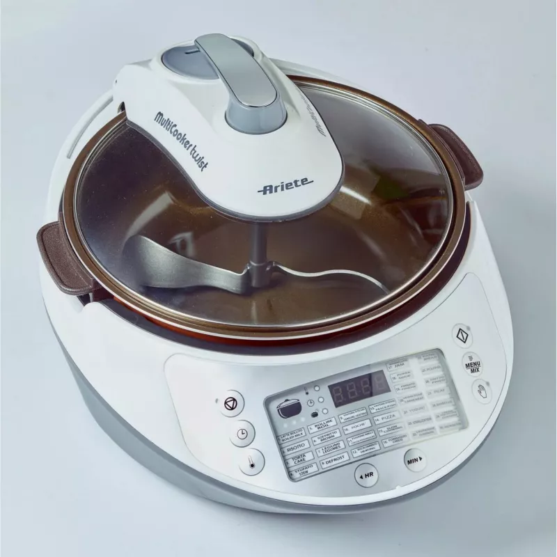 Ariete 2945 Multicooker Twist daugiafunkcis virtuvinis robotas, maisto gaminimo prietaisas su maišymo peiliuku, LCD ekranu, 30 išankstinių programų, 5 L krepšiu, receptų rinkiniu, baltas/pilkas