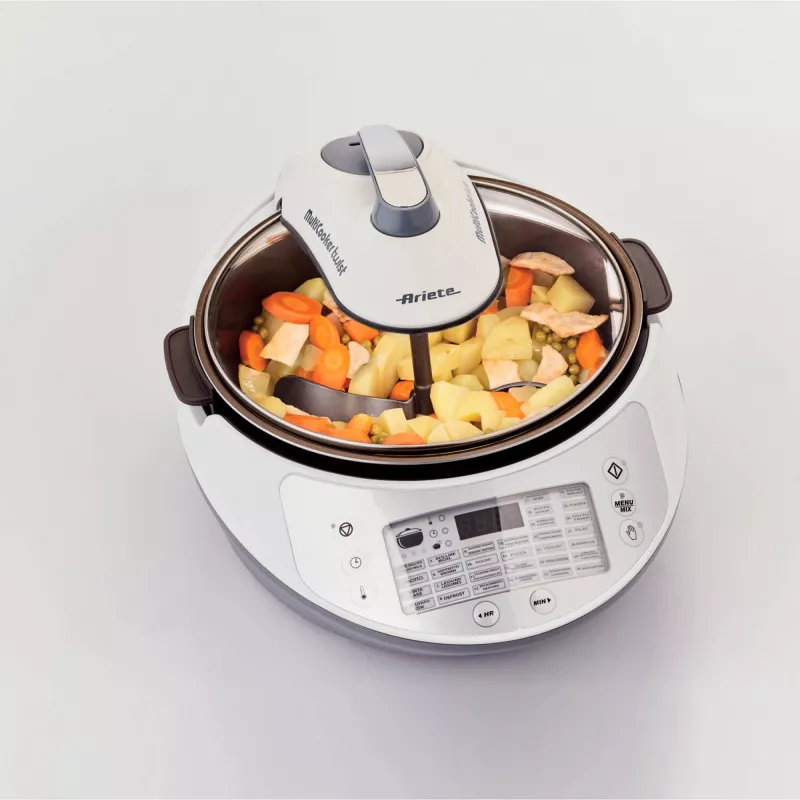Ariete 2945 Multicooker Twist daugiafunkcis virtuvinis robotas, maisto gaminimo prietaisas su maišymo peiliuku, LCD ekranu, 30 išankstinių programų, 5 L krepšiu, receptų rinkiniu, baltas/pilkas