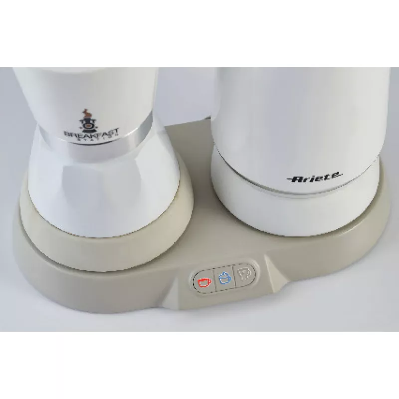 Ariete 1344 Pusryčių stotelė, 3 prietaisai viename: Moka puodas, virdulys, karšto ir šalto pieno putotojas, 500 W, 2/4 puodeliai, palaiko kavą karštą, 5 funkcijos, balta