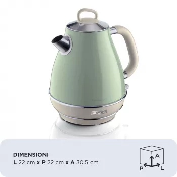 Ariete 2869 Vintage elektrinis virdulys, nerūdijantis plienas, 1,7 L, automatinis išsijungimas, 2000 W, vandeniui, arbatai ir žolelių gėrimams, pastelinė žalia