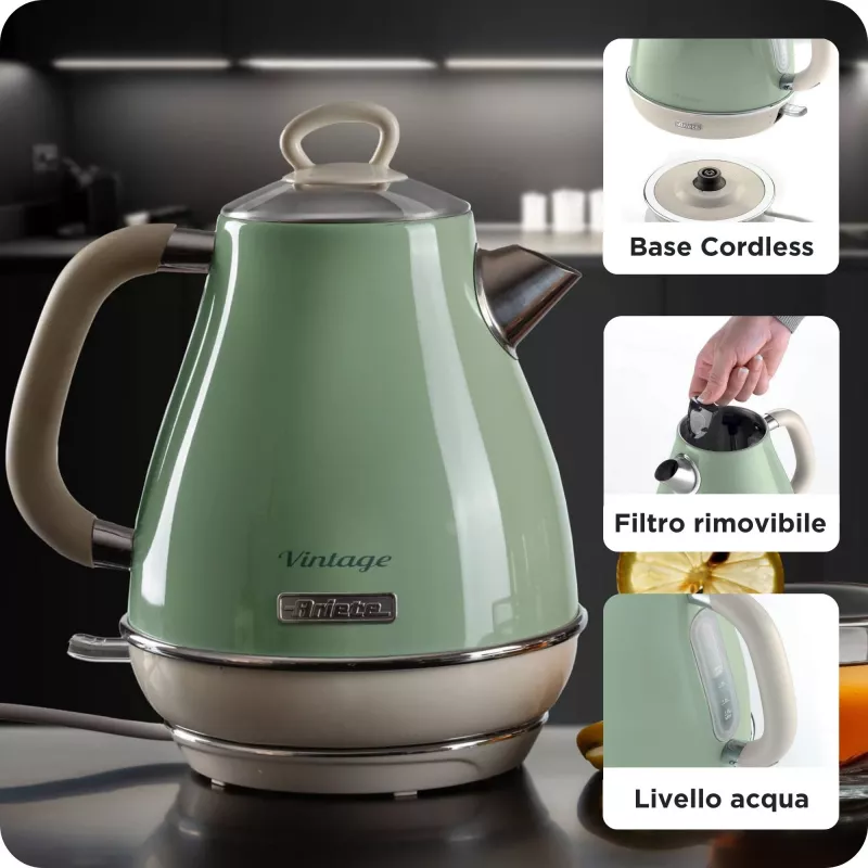 Ariete 2869 Vintage elektrinis virdulys, nerūdijantis plienas, 1,7 L, automatinis išsijungimas, 2000 W, vandeniui, arbatai ir žolelių gėrimams, pastelinė žalia