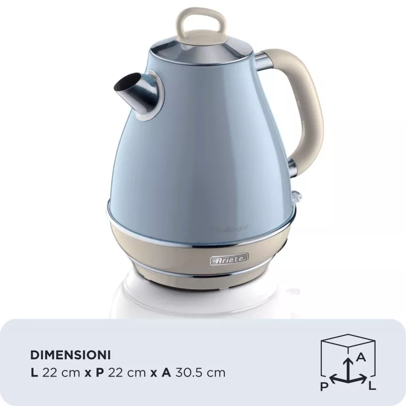 Ariete 2869 Vintage elektrinis virdulys, nerūdijantis plienas, 1,7 L, automatinis išsijungimas, 2000 W, vandeniui, arbatai ir žolelių gėrimams, pastelinė mėlyna