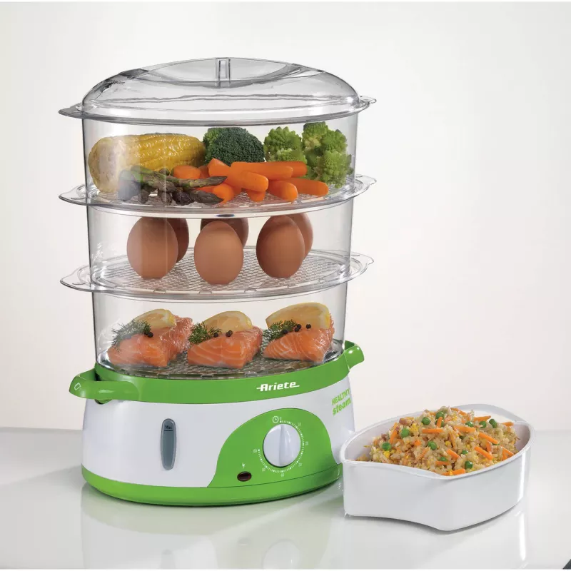Ariete 911 Healthy Steam - Elektrinis garintuvas - 3 krepšeliai - Indas ryžiams - Laikmatis 60 min - 800 W - 9 l - Baltas ir žalias
