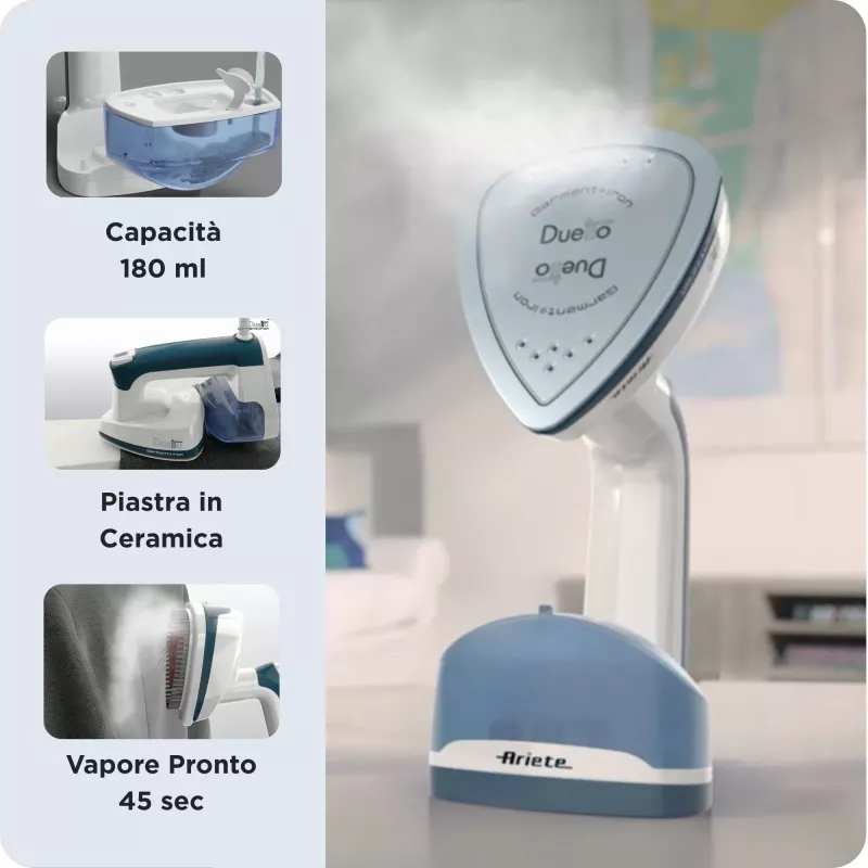 Ariete 6246 Duetto Garment Iron - Vertikalus ir horizontalus lygintuvas su nelimpančia keramine plokšte - 1000 W - Baltas ir mėlynas