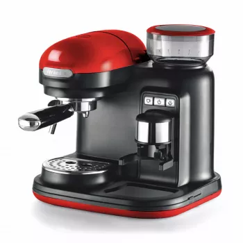 Ariete 1318 Moderna Espresso kavos aparatas su integruotu kavos malūnėliu, kavos pupelėms ir maltai kavai, pieno putojimo funkcija kapučino gamybai, 1 ir 2 puodelių filtras, 1080 W, 800 ml, raudona