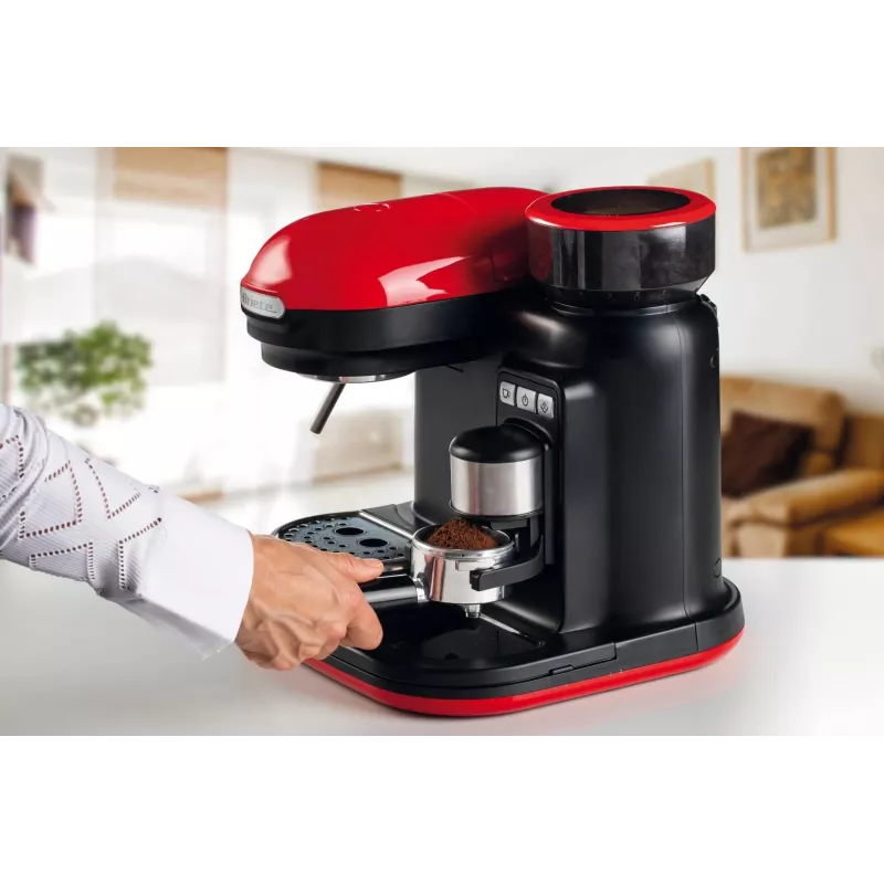 Ariete 1318 Moderna Espresso kavos aparatas su integruotu kavos malūnėliu, kavos pupelėms ir maltai kavai, pieno putojimo funkcija kapučino gamybai, 1 ir 2 puodelių filtras, 1080 W, 800 ml, raudona