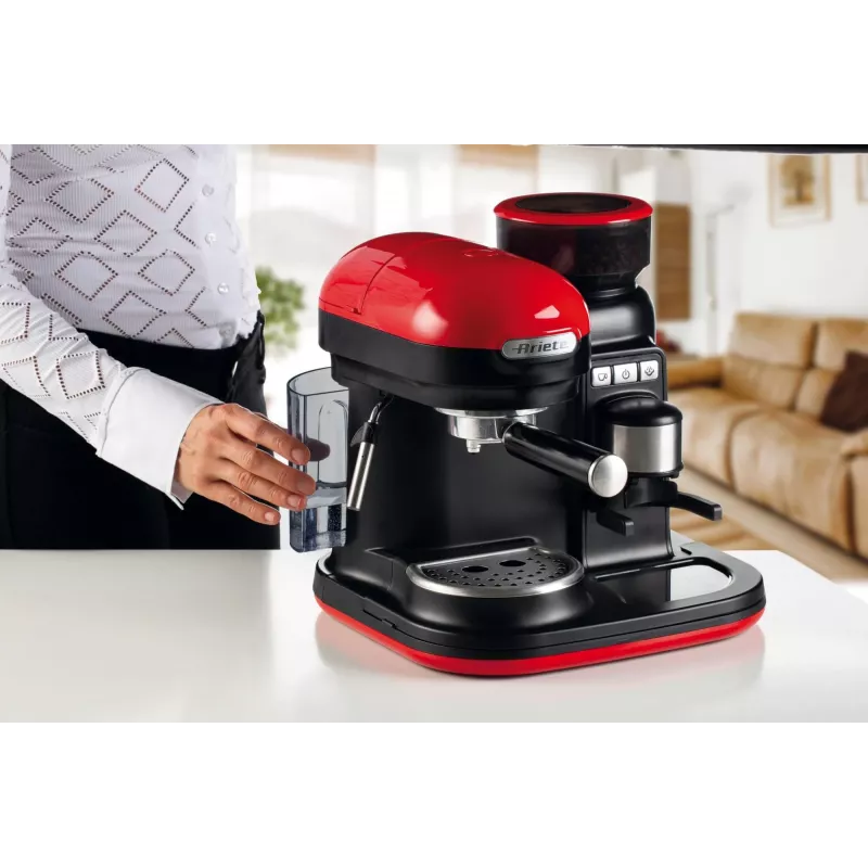 Ariete 1318 Moderna Espresso kavos aparatas su integruotu kavos malūnėliu, kavos pupelėms ir maltai kavai, pieno putojimo funkcija kapučino gamybai, 1 ir 2 puodelių filtras, 1080 W, 800 ml, raudona