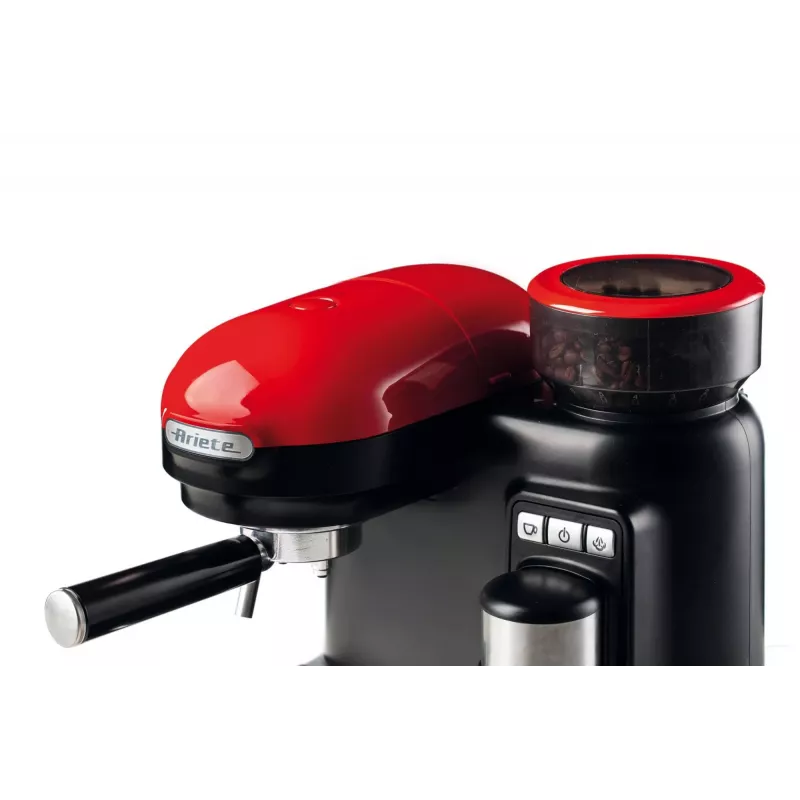 Ariete 1318 Moderna Espresso kavos aparatas su integruotu kavos malūnėliu, kavos pupelėms ir maltai kavai, pieno putojimo funkcija kapučino gamybai, 1 ir 2 puodelių filtras, 1080 W, 800 ml, raudona