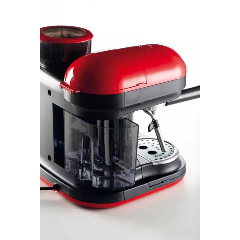 Ariete 1318 Moderna Espresso kavos aparatas su integruotu kavos malūnėliu, kavos pupelėms ir maltai kavai, pieno putojimo funkcija kapučino gamybai, 1 ir 2 puodelių filtras, 1080 W, 800 ml, raudona