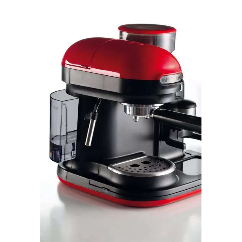 Ariete 1318 Moderna Espresso kavos aparatas su integruotu kavos malūnėliu, kavos pupelėms ir maltai kavai, pieno putojimo funkcija kapučino gamybai, 1 ir 2 puodelių filtras, 1080 W, 800 ml, raudona