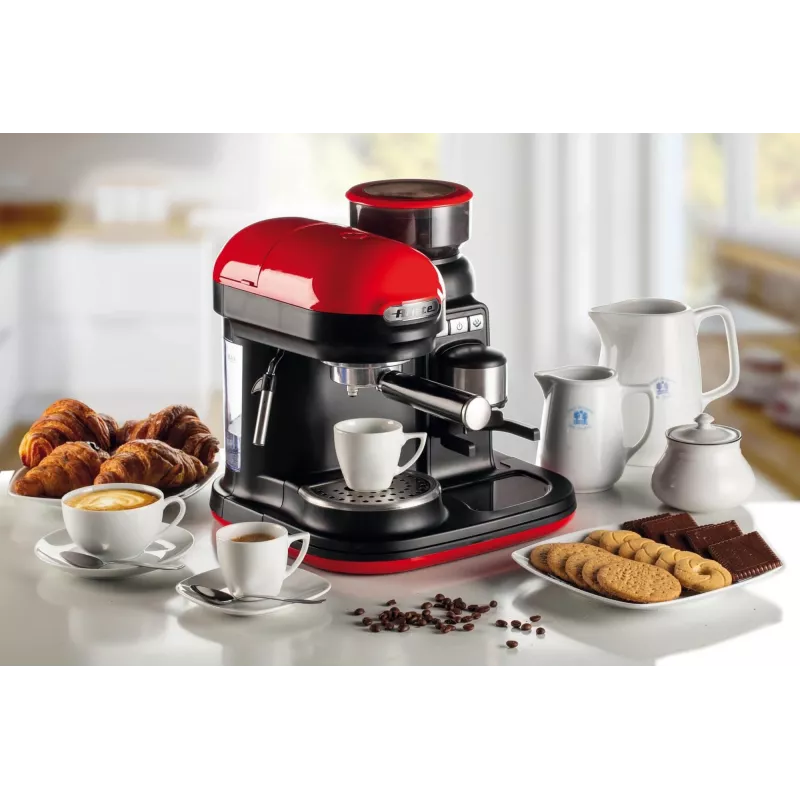 Ariete 1318 Moderna Espresso kavos aparatas su integruotu kavos malūnėliu, kavos pupelėms ir maltai kavai, pieno putojimo funkcija kapučino gamybai, 1 ir 2 puodelių filtras, 1080 W, 800 ml, raudona