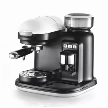 Ariete 1318 Moderna Espreso aparatas su integruotu kavos malūnėliu, kavos pupelėms ir maltai kavai, pieno putotoju kapučino gamybai, 1 ir 2 puodelių filtras, 1080 W, 800 ml, baltas