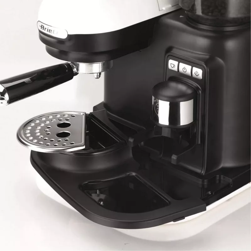 Ariete 1318 Moderna Espreso aparatas su integruotu kavos malūnėliu, kavos pupelėms ir maltai kavai, pieno putotoju kapučino gamybai, 1 ir 2 puodelių filtras, 1080 W, 800 ml, baltas