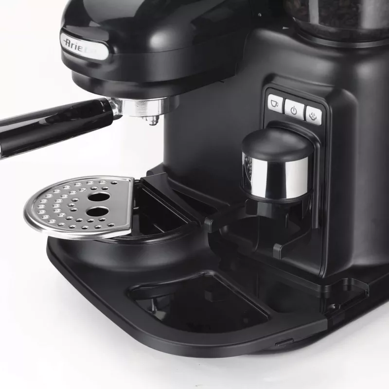 Ariete 1318 Moderna Espreso aparatas su integruotu kavos malūnėliu, kavos pupelėms ir maltai kavai, pieno putoklis kapučino gamybai, 1 ir 2 puodelių filtras, 1080 W, 800 ml, juodas