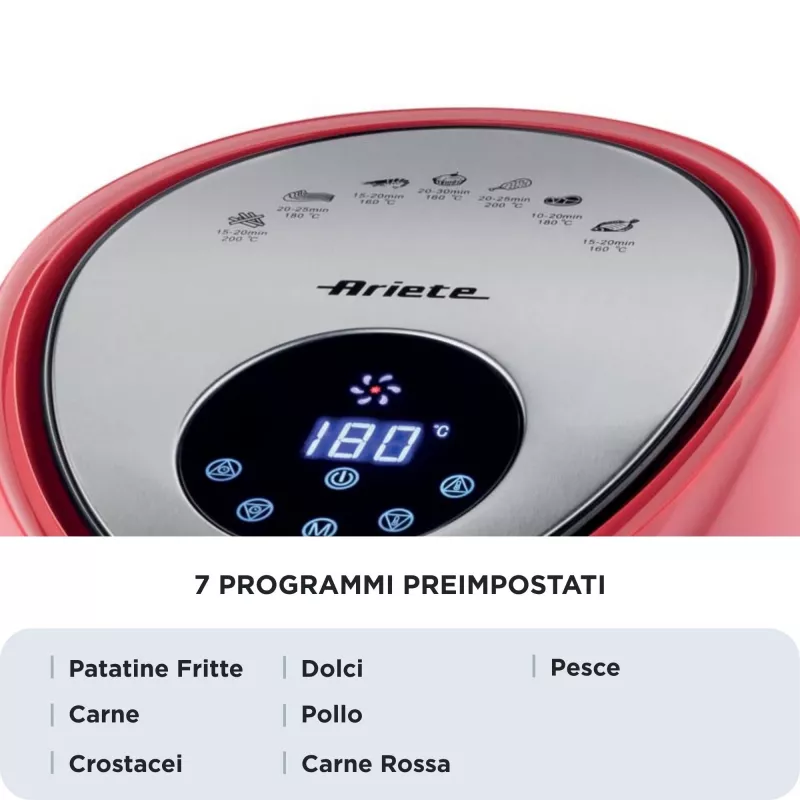 Ariete 4618 Airy Fryer XXL - Oro gruzdintuvė - Kepa 2,5 kg bulvyčių - 7 litrai - Gaminimas be aliejaus ir riebalų - 1800 W - Raudona