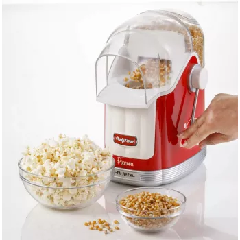Ariete 2958 Pop Corn Maker Party Time, spragintų kukurūzų aparatas su svirtimi, 1100 W, talpa 600 g, karšto oro gaminimas be riebalų, raudonas