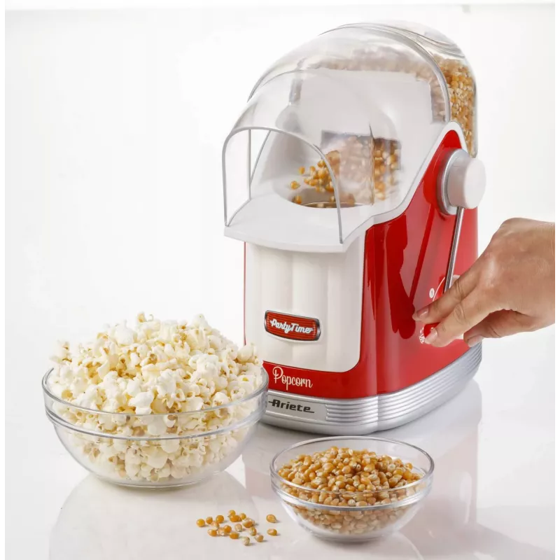 Ariete 2958 Pop Corn Maker Party Time, spragintų kukurūzų aparatas su svirtimi, 1100 W, talpa 600 g, karšto oro gaminimas be riebalų, raudonas