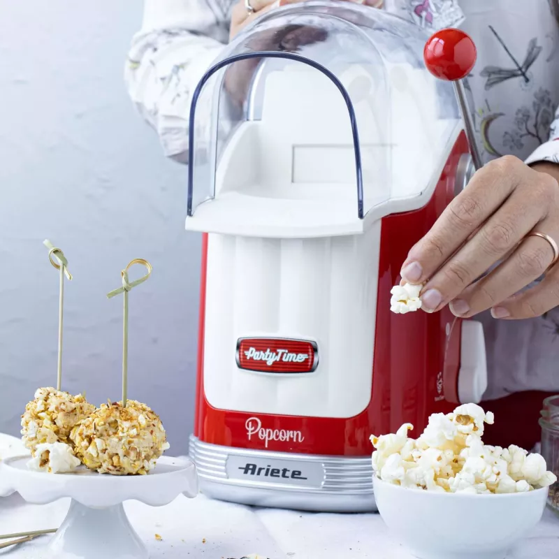 Ariete 2958 Pop Corn Maker Party Time, spragintų kukurūzų aparatas su svirtimi, 1100 W, talpa 600 g, karšto oro gaminimas be riebalų, raudonas