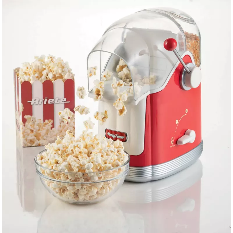 Ariete 2958 Pop Corn Maker Party Time, spragintų kukurūzų aparatas su svirtimi, 1100 W, talpa 600 g, karšto oro gaminimas be riebalų, raudonas