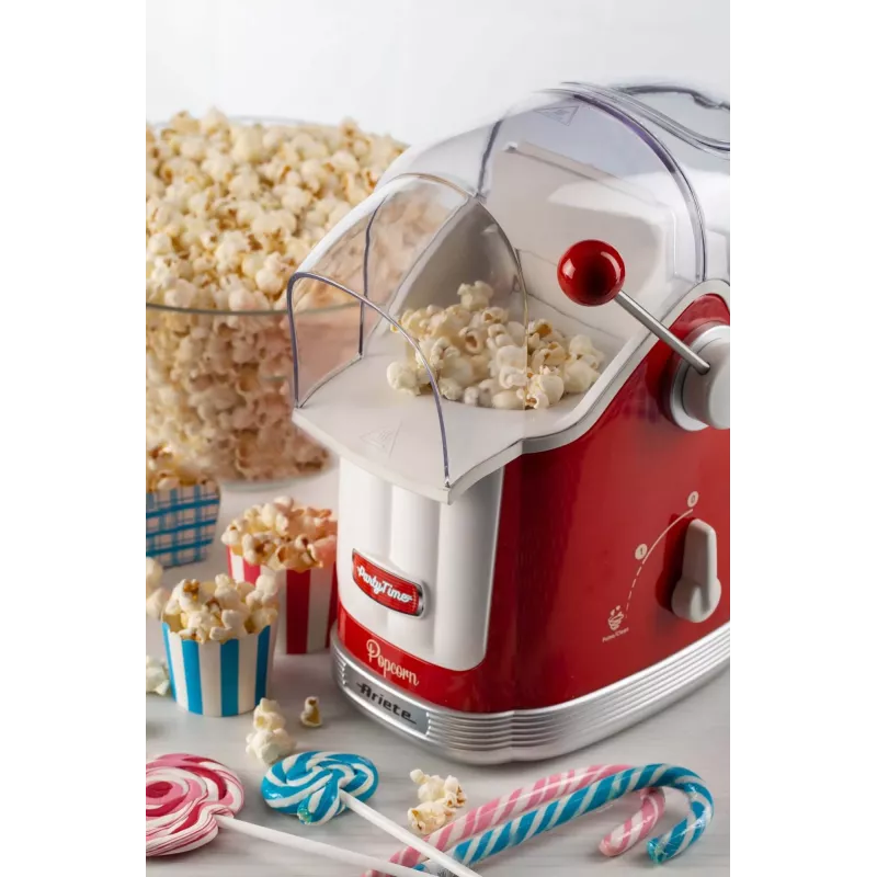 Ariete 2958 Pop Corn Maker Party Time, spragintų kukurūzų aparatas su svirtimi, 1100 W, talpa 600 g, karšto oro gaminimas be riebalų, raudonas