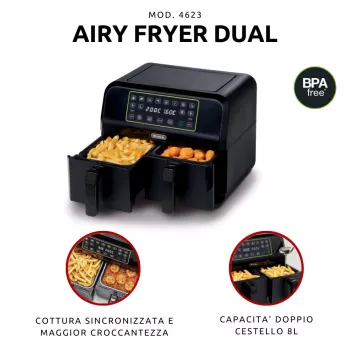 Ariete 4623 Airy Fryer Dual, oro gruzdintuvė su dviem krepšeliais, 1700 W, 8 L talpa, 3 kepimo funkcijos, skaitmeninis LED jutiklinis skydelis, 8 iš anksto nustatytos programos, laikmatis, 2 krepšeliai, juoda