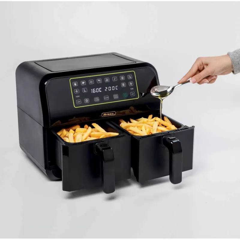 Ariete 4623 Airy Fryer Dual, oro gruzdintuvė su dviem krepšeliais, 1700 W, 8 L talpa, 3 kepimo funkcijos, skaitmeninis LED jutiklinis skydelis, 8 iš anksto nustatytos programos, laikmatis, 2 krepšeliai, juoda