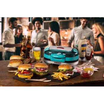Ariete 205 Hamburger Maker Party Time, mėgėjiškas mėsainių kepimo aparatas, 1200 W, dvigubos nelimpančios plokštės, 2 skyriai, lengvai valomas, mėlynas