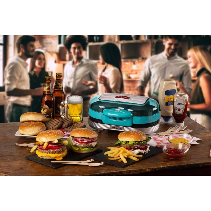 Ariete 205 Hamburger Maker Party Time, mėgėjiškas mėsainių kepimo aparatas, 1200 W, dvigubos nelimpančios plokštės, 2 skyriai, lengvai valomas, mėlynas