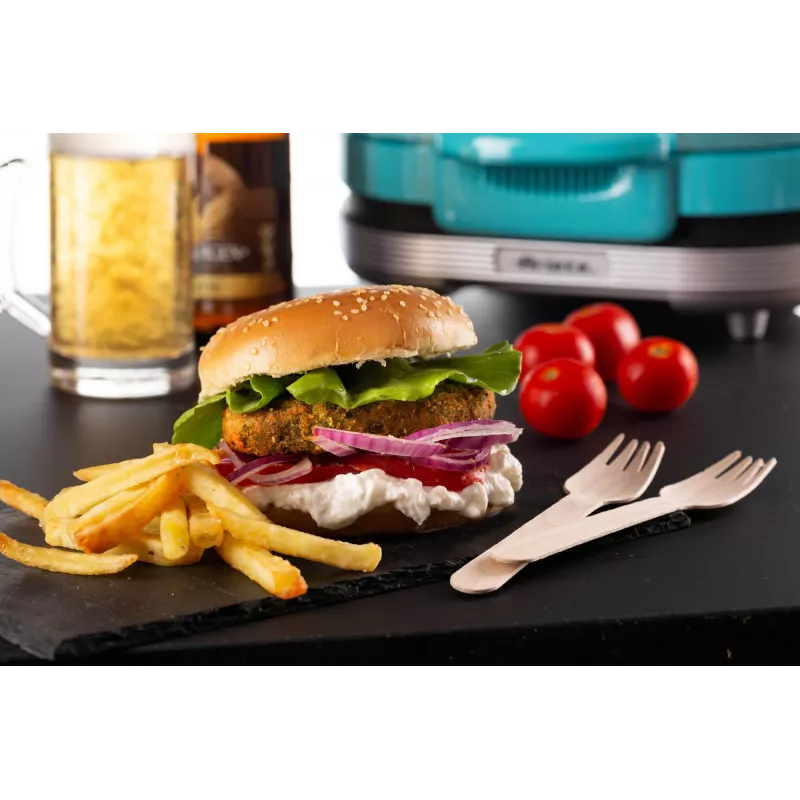 Ariete 205 Hamburger Maker Party Time, mėgėjiškas mėsainių kepimo aparatas, 1200 W, dvigubos nelimpančios plokštės, 2 skyriai, lengvai valomas, mėlynas