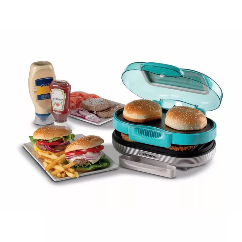 Ariete 205 Hamburger Maker Party Time, mėgėjiškas mėsainių kepimo aparatas, 1200 W, dvigubos nelimpančios plokštės, 2 skyriai, lengvai valomas, mėlynas
