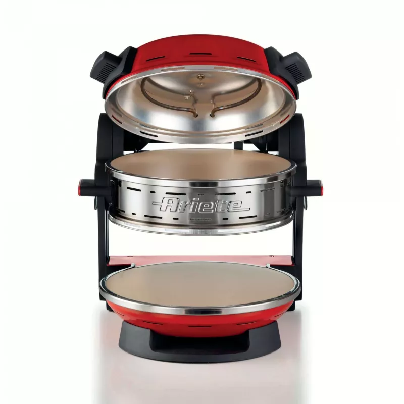 Ariete 927 Pizzeria dviguba picos orkaitė, 2 picos per 4 minutes, 2300 W, 2 ugniai atsparūs akmenys, 2 termostatai, skersmuo 32 cm, 5 kepimo lygiai, 2 nerūdijančio plieno mentelės, raudona
