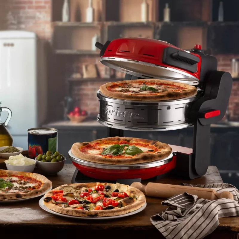 Ariete 927 Pizzeria dviguba picos orkaitė, 2 picos per 4 minutes, 2300 W, 2 ugniai atsparūs akmenys, 2 termostatai, skersmuo 32 cm, 5 kepimo lygiai, 2 nerūdijančio plieno mentelės, raudona