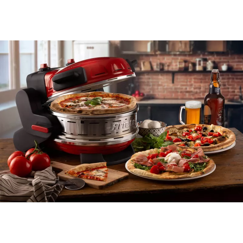 Ariete 927 Pizzeria dviguba picos orkaitė, 2 picos per 4 minutes, 2300 W, 2 ugniai atsparūs akmenys, 2 termostatai, skersmuo 32 cm, 5 kepimo lygiai, 2 nerūdijančio plieno mentelės, raudona