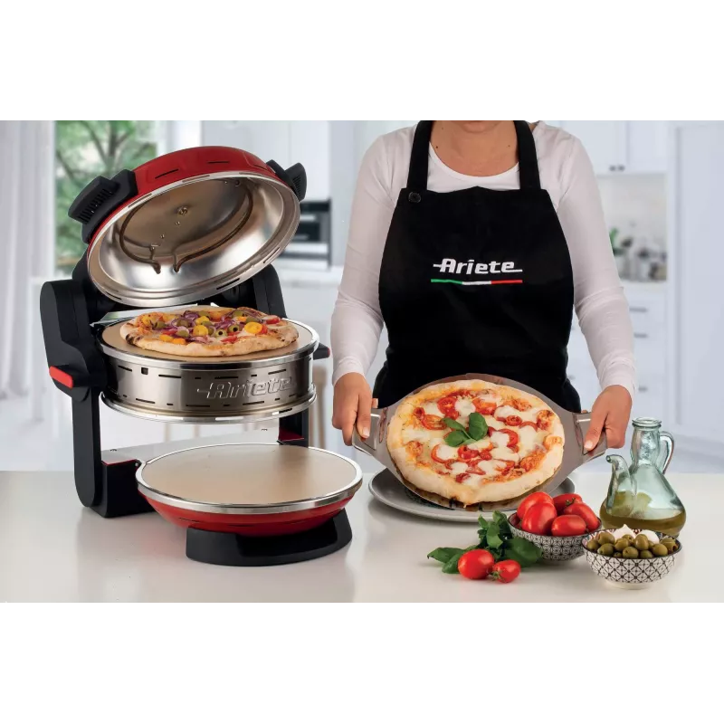 Ariete 927 Pizzeria dviguba picos orkaitė, 2 picos per 4 minutes, 2300 W, 2 ugniai atsparūs akmenys, 2 termostatai, skersmuo 32 cm, 5 kepimo lygiai, 2 nerūdijančio plieno mentelės, raudona