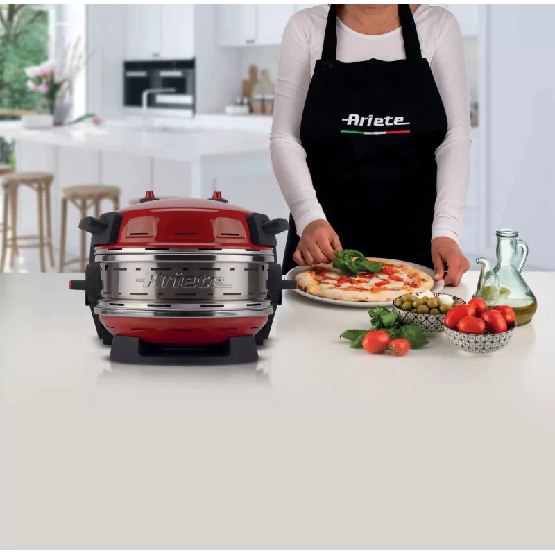 Ariete 927 Pizzeria dviguba picos orkaitė, 2 picos per 4 minutes, 2300 W, 2 ugniai atsparūs akmenys, 2 termostatai, skersmuo 32 cm, 5 kepimo lygiai, 2 nerūdijančio plieno mentelės, raudona