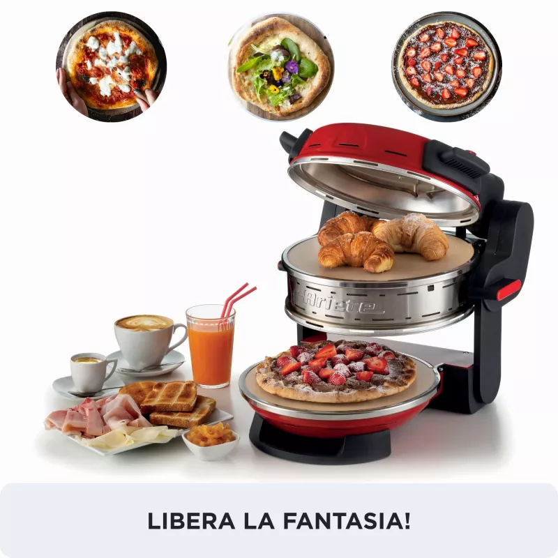 Ariete 927 Pizzeria dviguba picos orkaitė, 2 picos per 4 minutes, 2300 W, 2 ugniai atsparūs akmenys, 2 termostatai, skersmuo 32 cm, 5 kepimo lygiai, 2 nerūdijančio plieno mentelės, raudona
