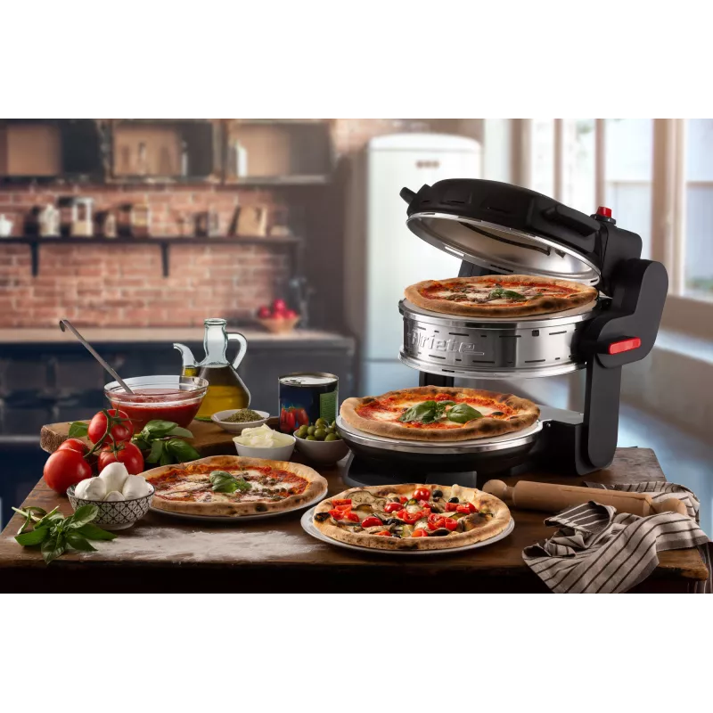 Ariete 927 Pizzeria dviguba pica orkaitė, 2 picos per 4 minutes, 2300 W, 2 ugniai atsparūs akmenys, 2 termostatai, skersmuo 32 cm, 5 kepimo lygiai, 2 nerūdijančio plieno mentelės, Raudona