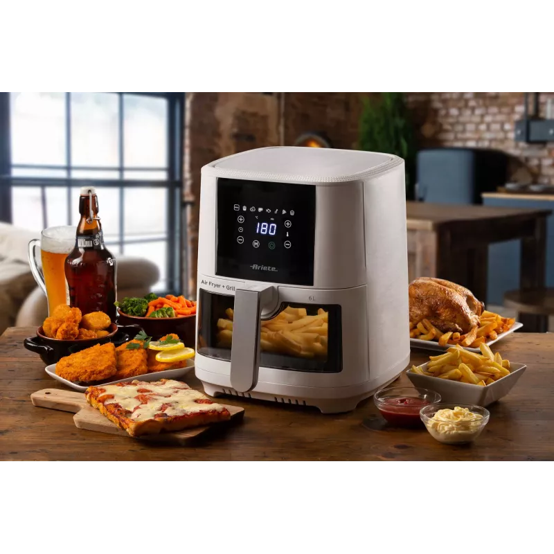Ariete 4626 Oro gruzdintuvė Airy Fryer 6L, 1300 W, 6 L talpa, 2,5 kg kepimo talpa, 8 išankstinių programų, temperatūra iki 200°, permatomas krepšelis, juoda