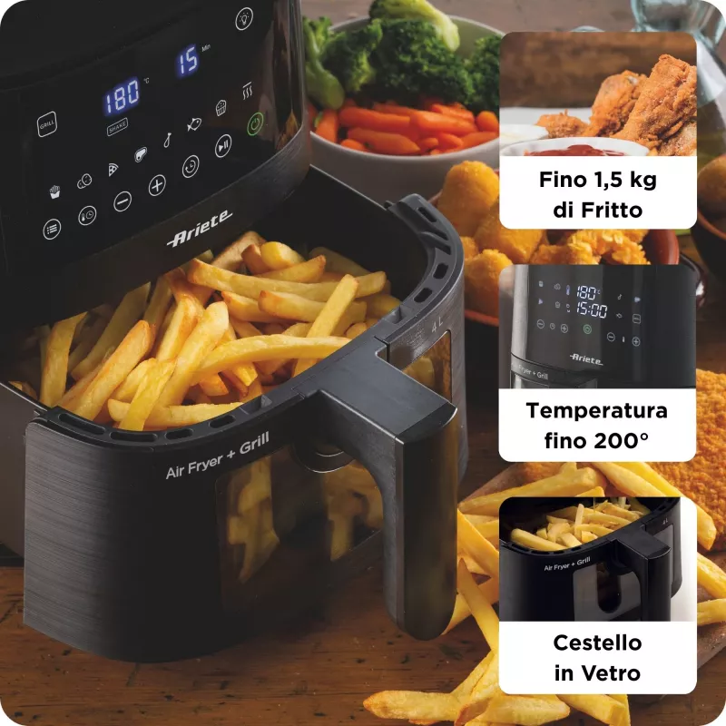 Ariete 4633, Oro gruzdintuvė 4L, 1400W, Talpa 4L, 9 programų, Shake ir Grill funkcijos, Temperatūra iki 200°C, Juoda