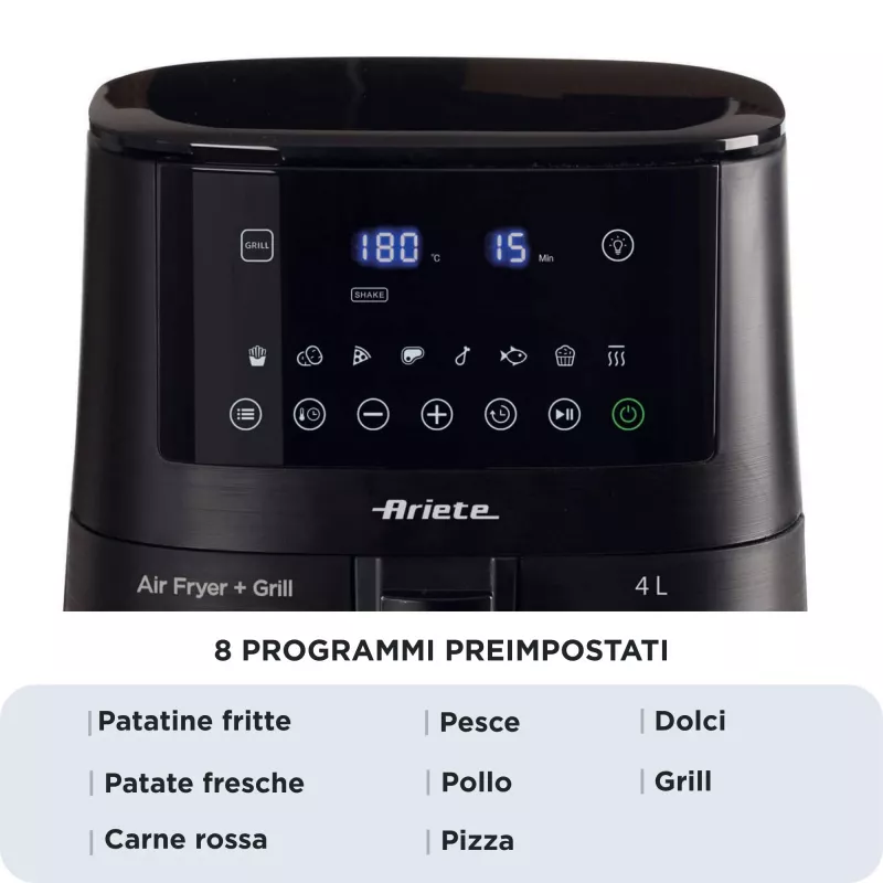 Ariete 4633, Oro gruzdintuvė 4L, 1400W, Talpa 4L, 9 programų, Shake ir Grill funkcijos, Temperatūra iki 200°C, Juoda