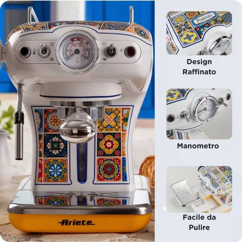 Ariete 1389 Positano kavos aparatas, 850W, 0,9L talpa, 1 ar 2 puodelių filtras, lašėjimo padėklas, pieno putotojas