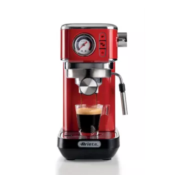 Ariete Moderna Line 1381 kavos aparatas su manometru, tinka maltai kavai ir ESE kapsulėms, 1300 W, 1,1 L talpa, 15 barų slėgis, ½ puodelio filtras, Kapučino prietaisas, Raudonas