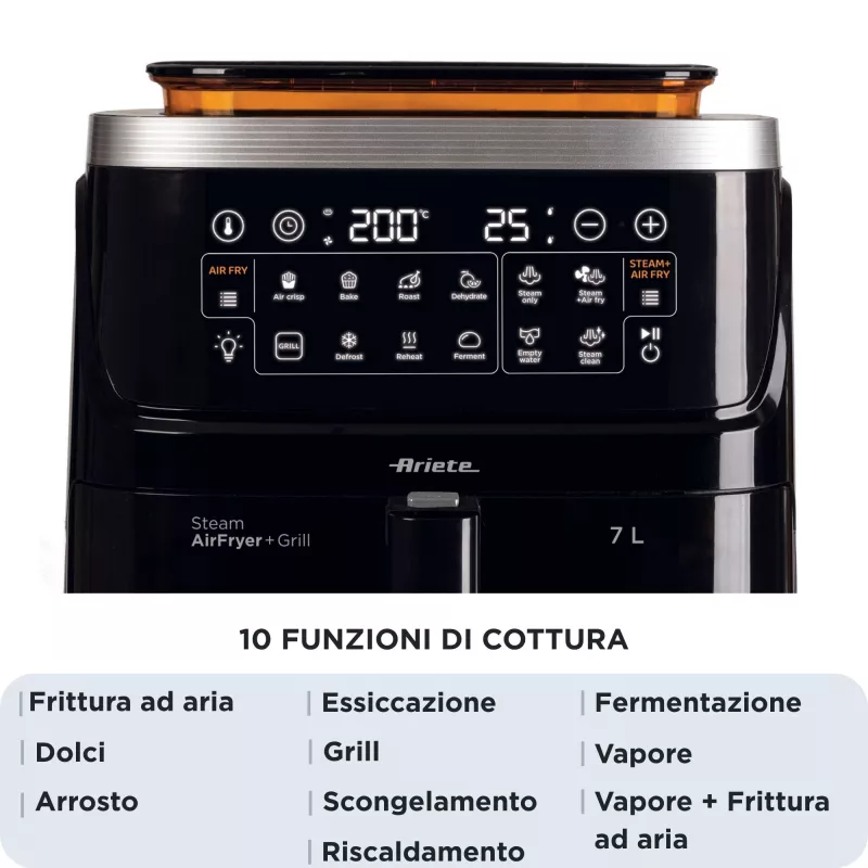 Ariete 4636 Karšto oro keptuvė su garų funkcija + Grilis, 1700 W, džiovinimo funkcija, 10 gaminimo programų, permatomas krepšelis, laikmatis, juoda