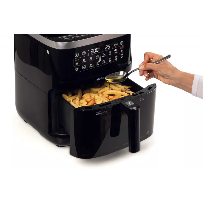 Ariete 4636 Karšto oro keptuvė su garų funkcija + Grilis, 1700 W, džiovinimo funkcija, 10 gaminimo programų, permatomas krepšelis, laikmatis, juoda