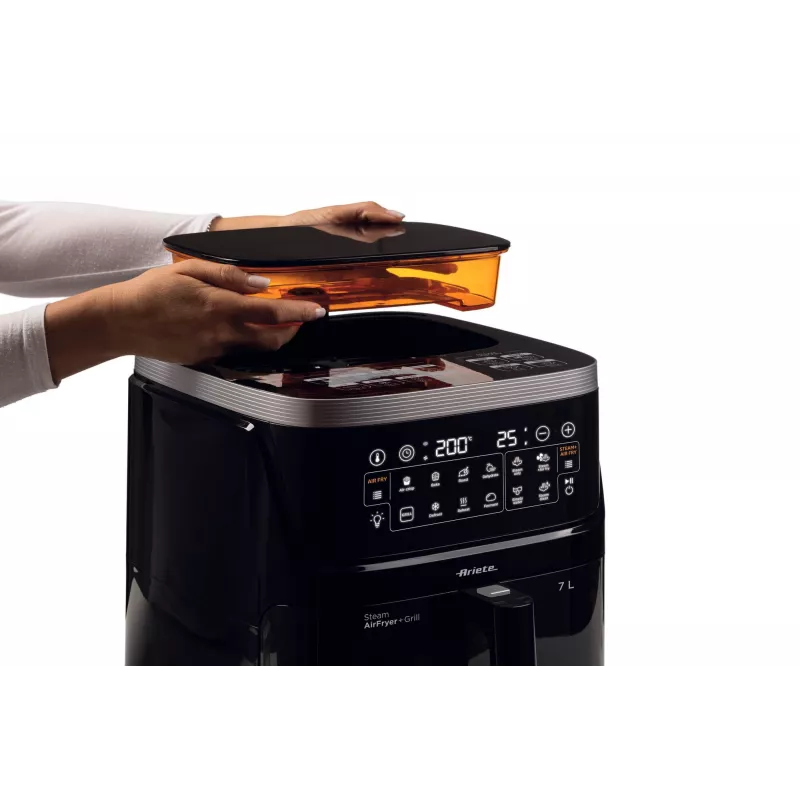 Ariete 4636 Karšto oro keptuvė su garų funkcija + Grilis, 1700 W, džiovinimo funkcija, 10 gaminimo programų, permatomas krepšelis, laikmatis, juoda