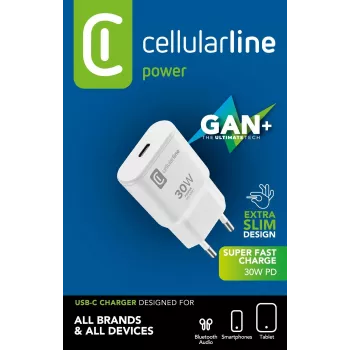 Cellularline GAN sieninis įkroviklis USB-C 30W PD su GaN technologija